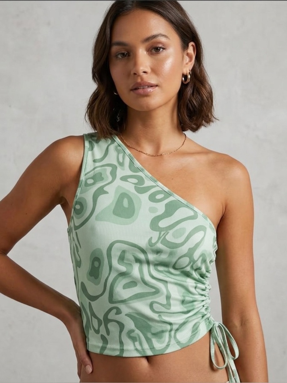 DOUBLE CRAZY L Green One Shoulder Ribbed Cutout Ruched Top Y2K Aesthetic